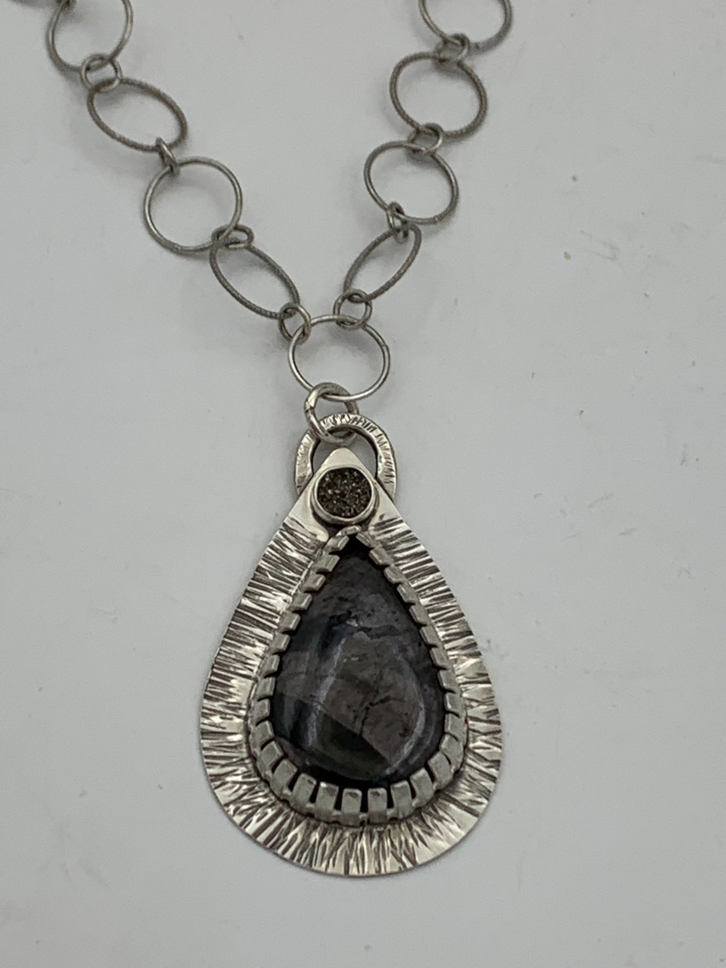 Hypersthene and Druzy Agate Cabachons in Sterling Silver necklace