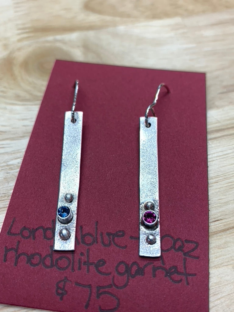 London Blue Topaz, Red Rhodolite Garnet and Sterling Silver earrings
