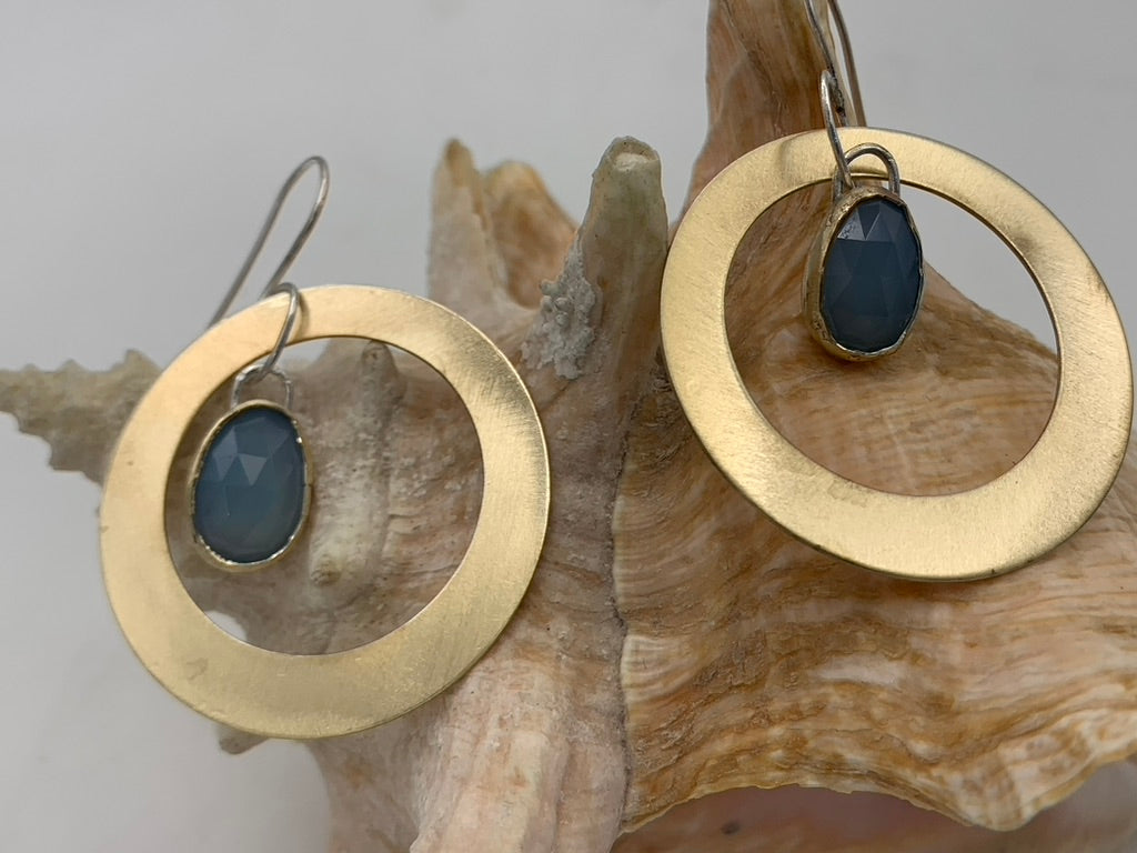 Chaceldony Cabachon with Brass Hoop earrings