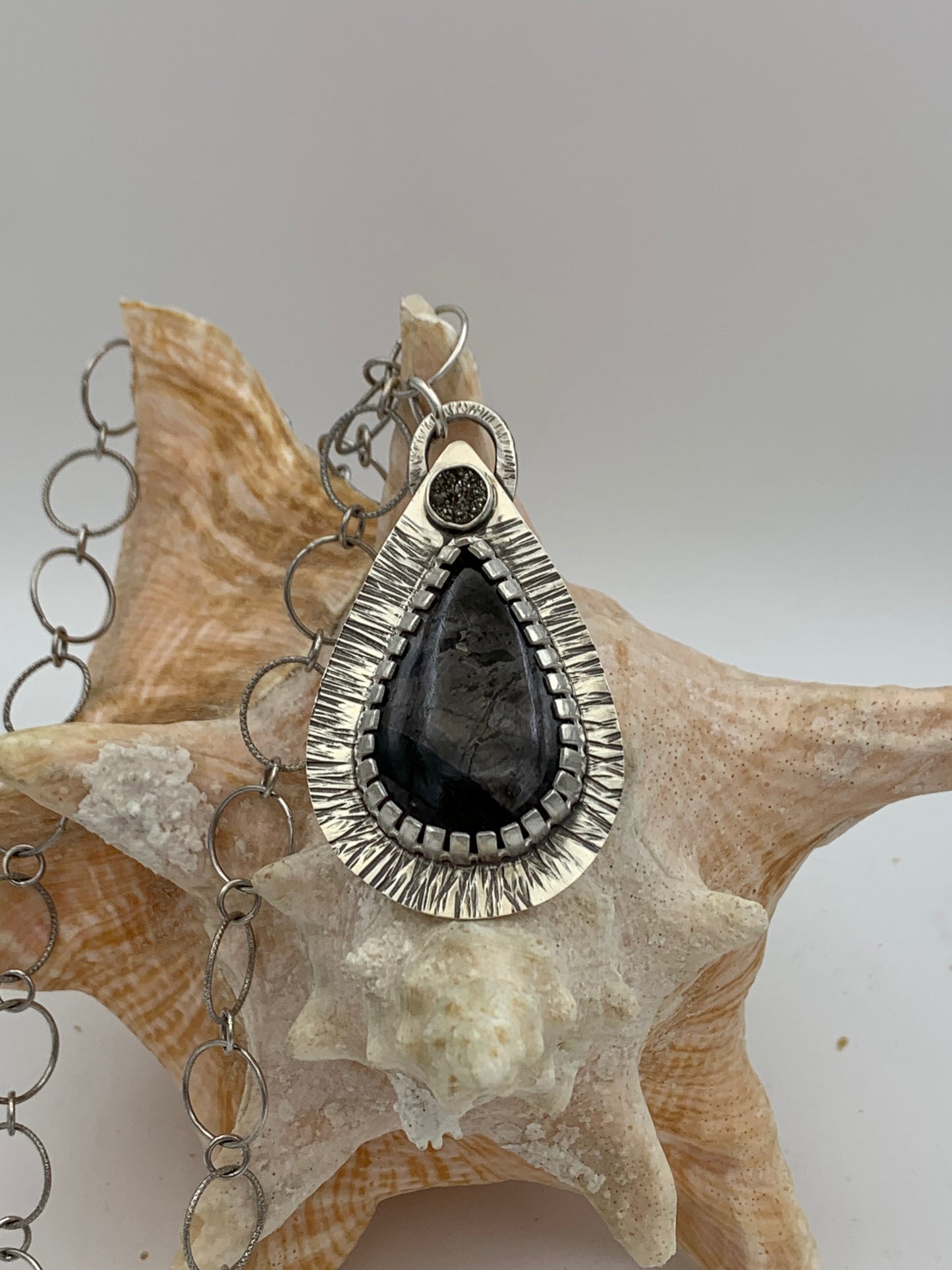 Hypersthene and Druzy Agate Cabachons in Sterling Silver necklace