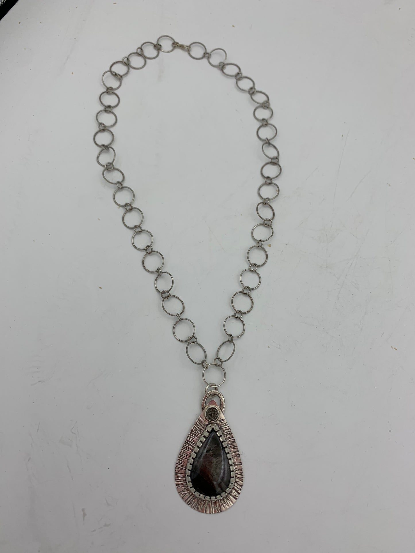 Hypersthene and Druzy Agate Cabachons in Sterling Silver necklace