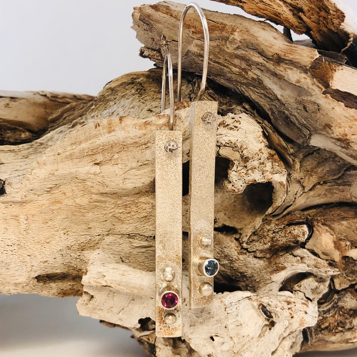 London Blue Topaz, Red Rhodolite Garnet and Sterling Silver earrings