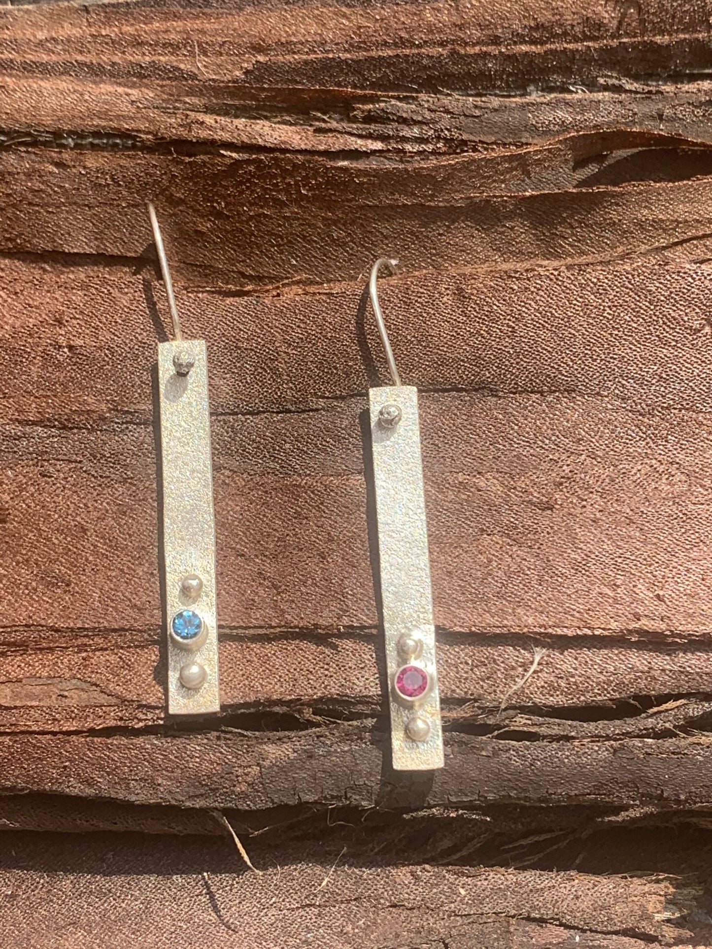 London Blue Topaz, Red Rhodolite Garnet and Sterling Silver earrings