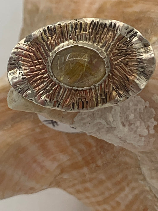 Golden Rutilated Quartz, Brass, and Sterling Silver ring