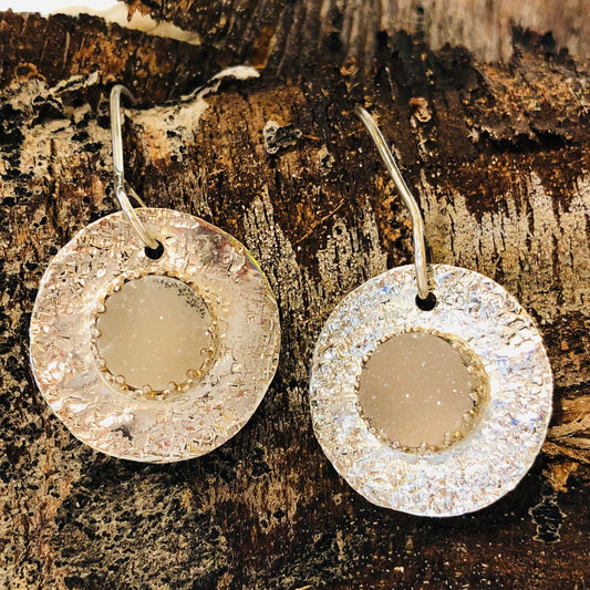 White Druzy Agate Cabachon and Sterling Silver earrings